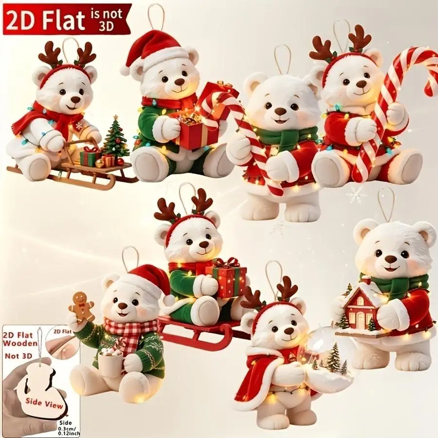 1/5/10/20/50/100pcs 2D Flat-Pack 16-Piece Set of Cute Polar Bear Christmas Ornaments, Classic Holiday Decorations in Wooden Shap