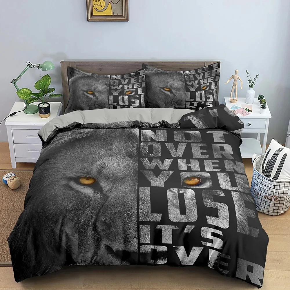 Lion Bedding Set 3D Prairie Animal Theme Black Duvet Cover KingQueen Size for Kids Teens Boys,Forest Wildlife Soft Quilt Cover