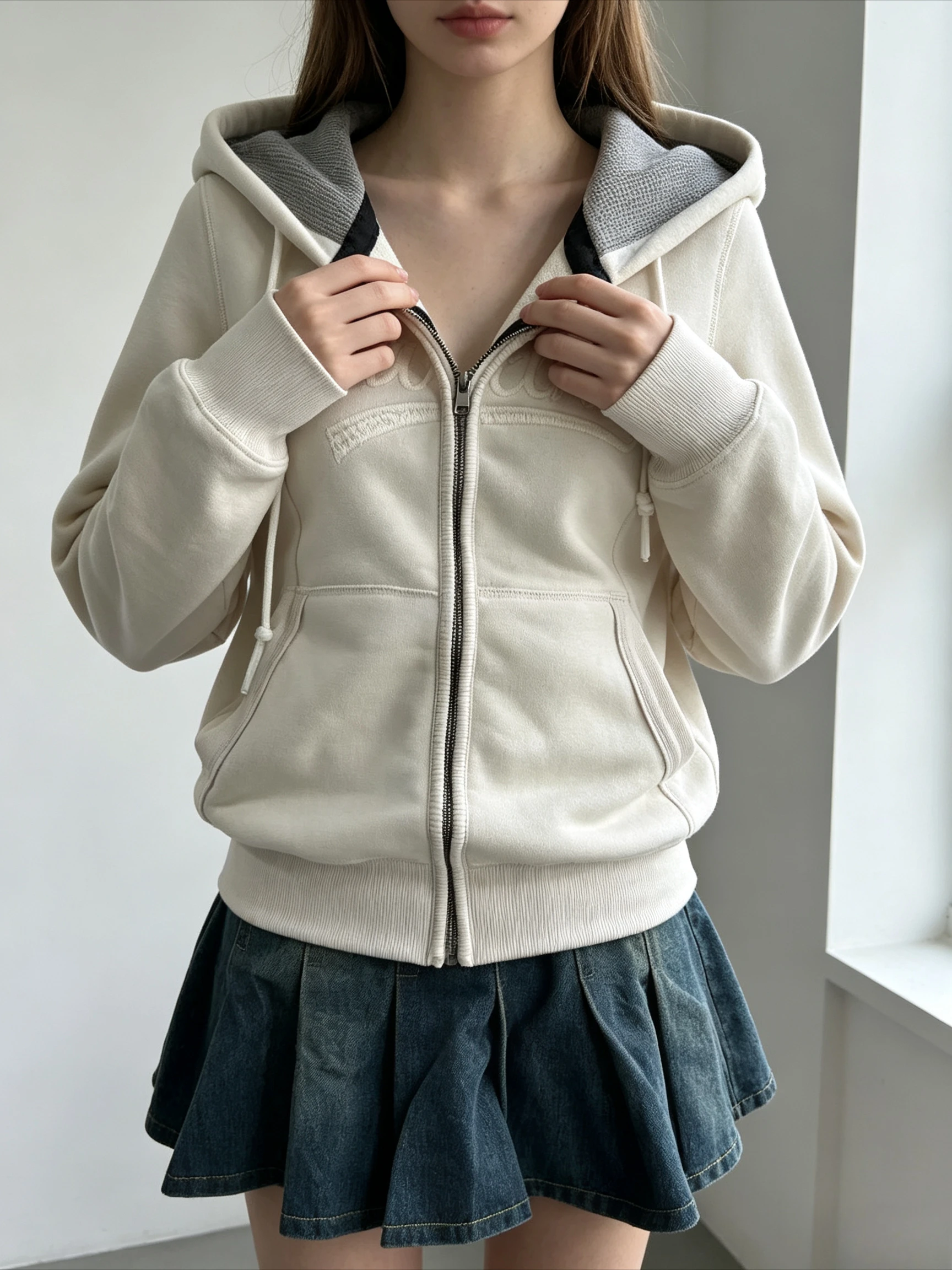 Aesthetic Zip Hoodie Cream White Embossed Letter Contrast Lining Drawstring Hooded Jacket Rib Cuff Hem Practical Side Pockets