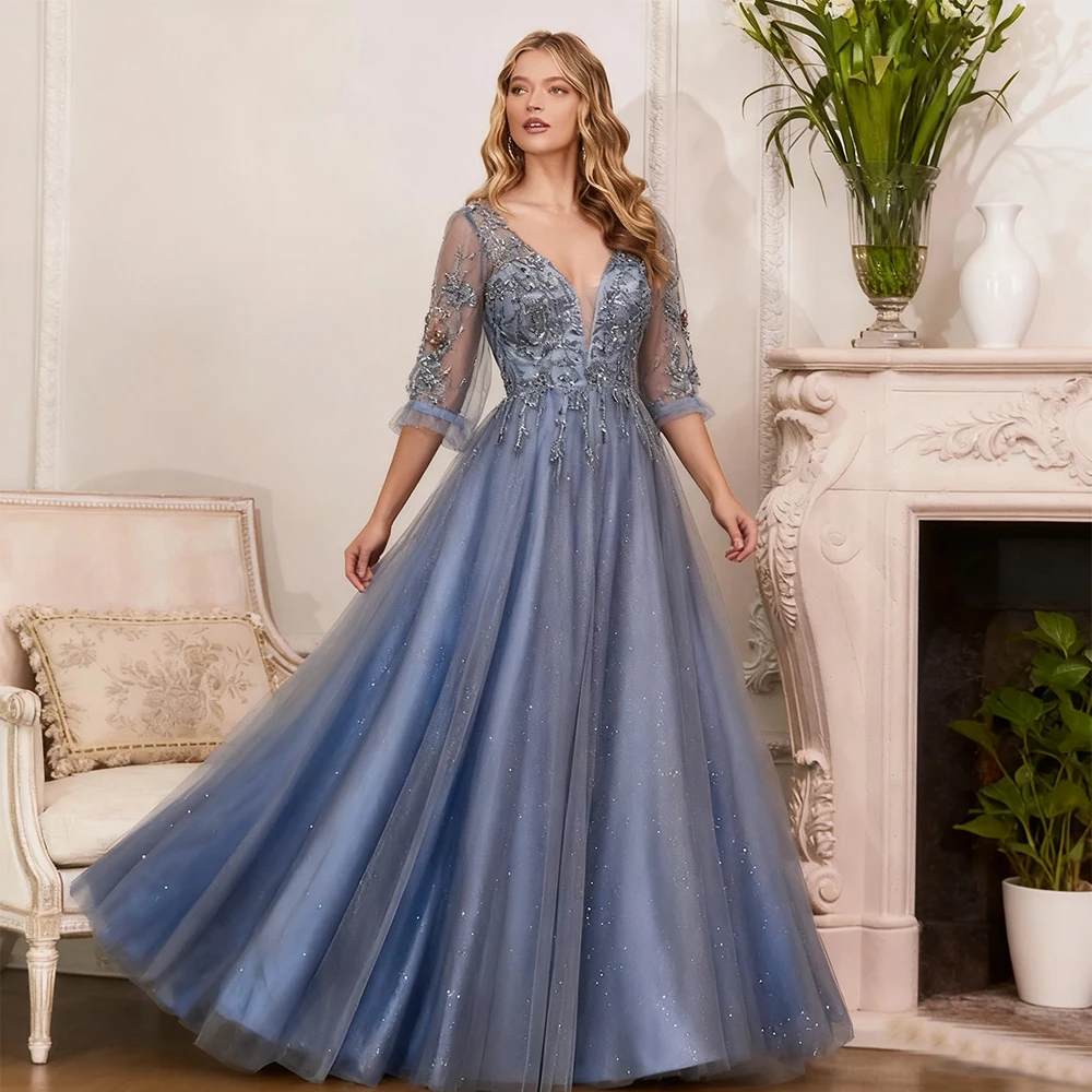 Vestido fu céu azul elegante vestidos de noite tule para até o chão com decote em v sem costas vestido de baile linha a apliques personalizados