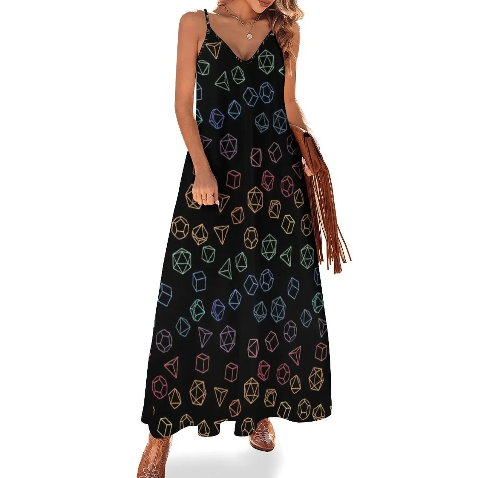 

DnD Dice Rainbow on Black Pattern Sleeveless Dress Summer skirt Dress woman