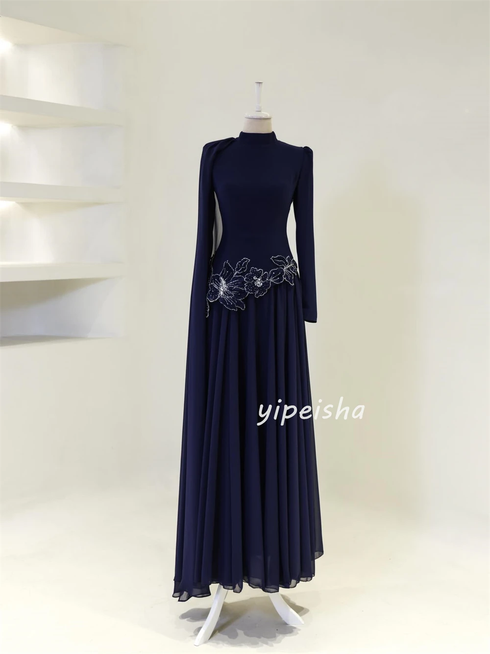 Personnalisé Style moderne mode Jersey à la main fleur paillettes robes de bal droites col haut manches longues robes de soirée