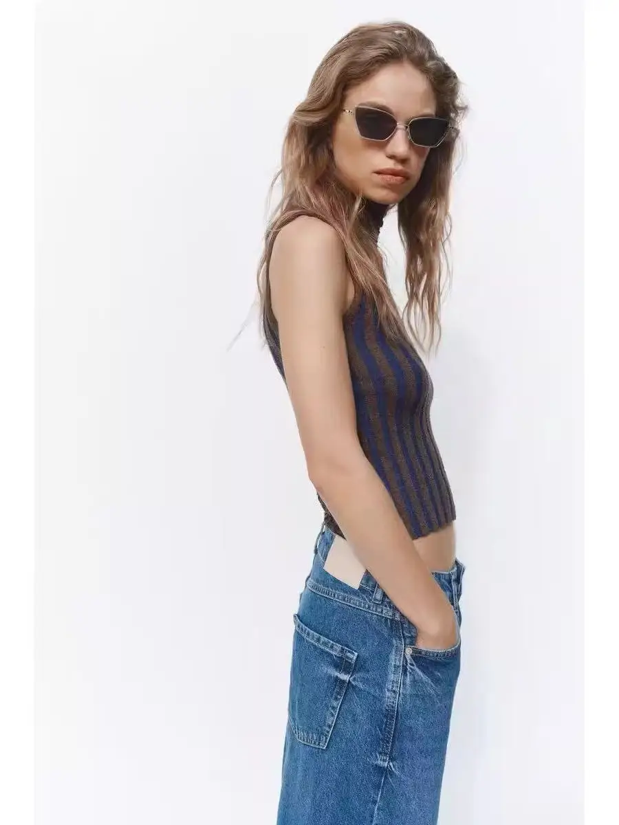 Spring Summer 2025 New Arrival Women's Slim Fit Patchwork Stripe Svel ort Knitted Vest Top Sweet Sle Polyester Fiber