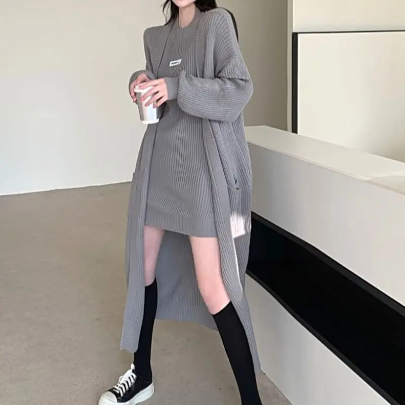 

Women's Spring Autumn New Korean Fashion Loose Versatile Long Sleeve Knitted Cardigan Coat Slim Fit Sweater Dress Two Piece Set