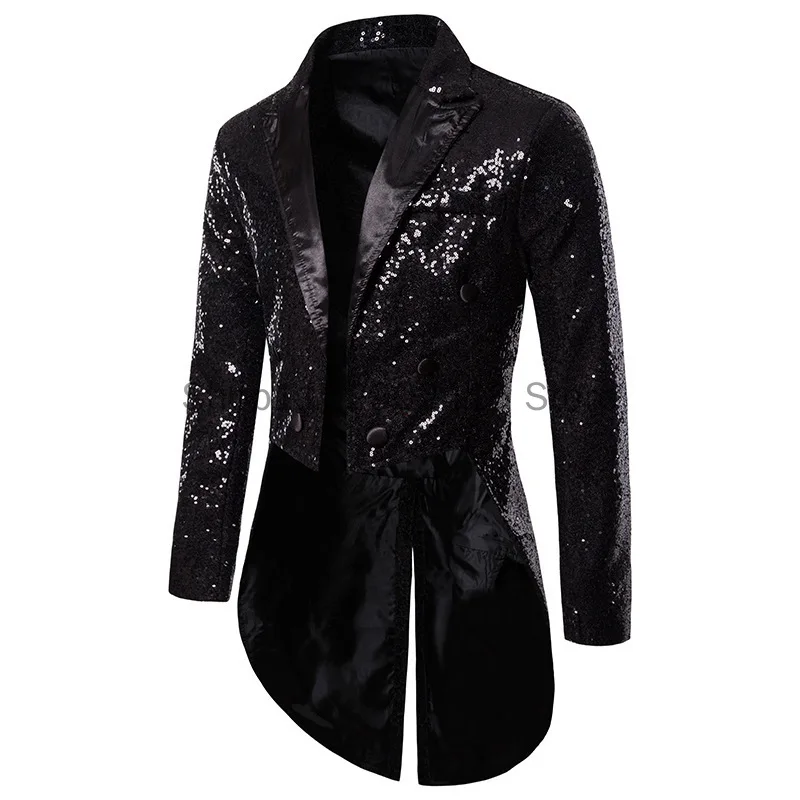 Shiny Gold Sequins Glitter Tailcoat Suit Jacket Male Double Breasted Wedding Groom Tuxedo Blazer Men Party Stage Prom Costume