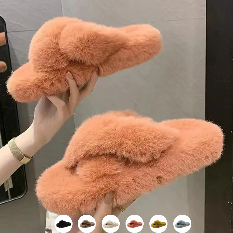 Women Fur Warm Winter Furry Fur Shoes Fluffy Plush Slippers Home House Indoor Shoes Bedroom Slippers Female Ladies Round Toe