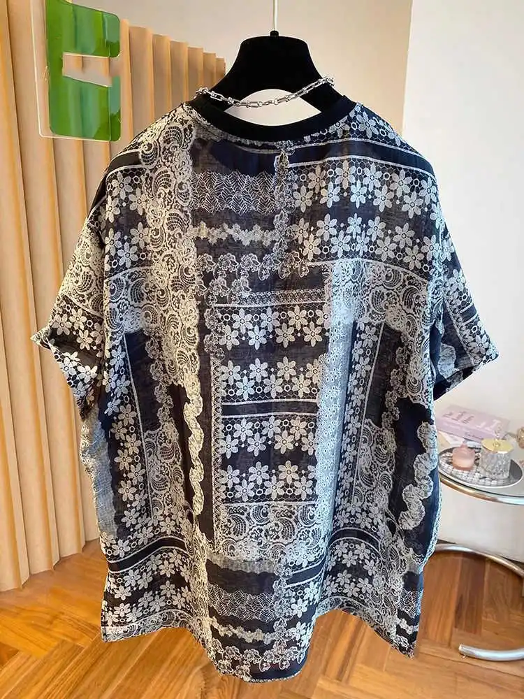 Vintage Printed Pattern Women's Short Sleeves Ethnic Style Large Sized Chiffon T-shirts Loose Chic All Match Leisure Top