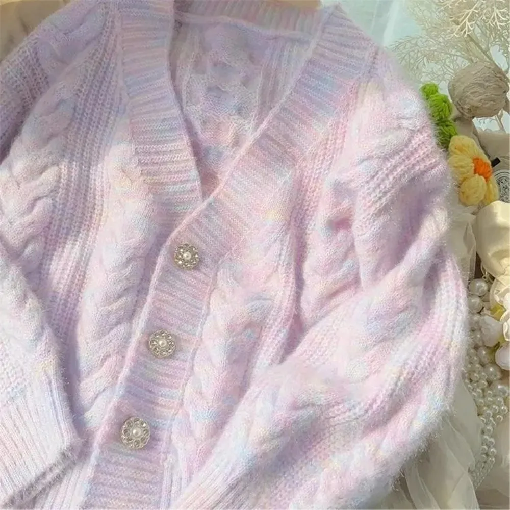 2024 Spring Sweet Knitted Cardigan Women Long Sleeve Y2k Japan Korean Chic Fashion Outerwear New Knitwear Clothes Purple Sweater