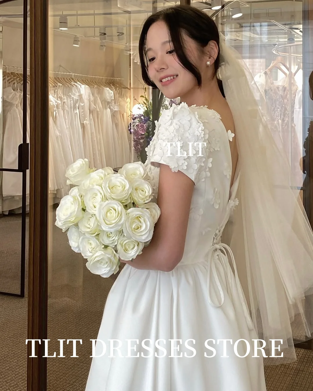 TLIT Elegant Ivory Silk Satin Wedding Dress V-Neck Flowers Short Sleeves Prom Gown Korea Bridal Dress Photos Shoot Customized