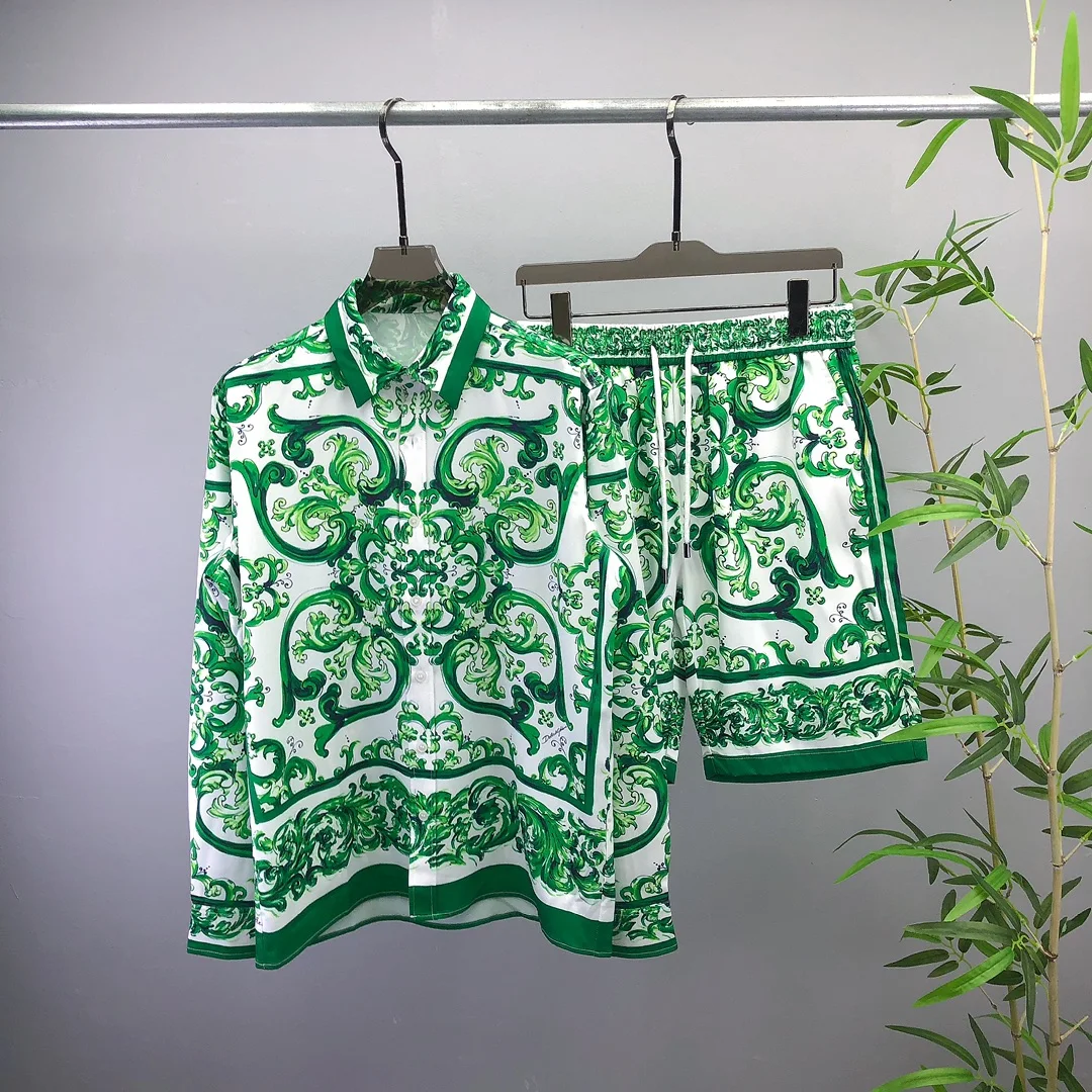 

Summer ex Long Sve irt plus orts Set Front And Ba Printed Pattern Casual Loose Fit Youth ular Cotton Polye...