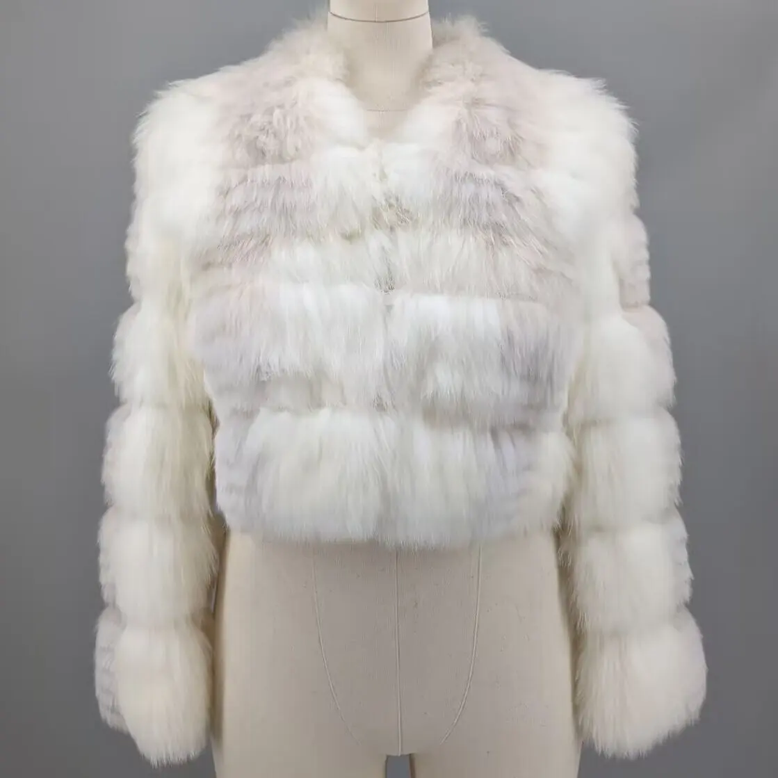 Women Beige Korean Style Real Stitched Striped Fox Fur Cropped Coat V Neck Lightweight Thin Fur Outerwear For South Mild Win1139