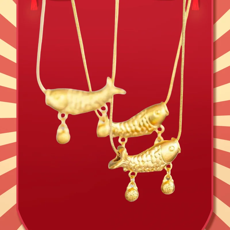 

9999 Real Gold 24K Elbow Koi Collarbone Chain, Versatile Temperament, High-end Sense, Lucky Word Bell, Carp Pendant Necklace