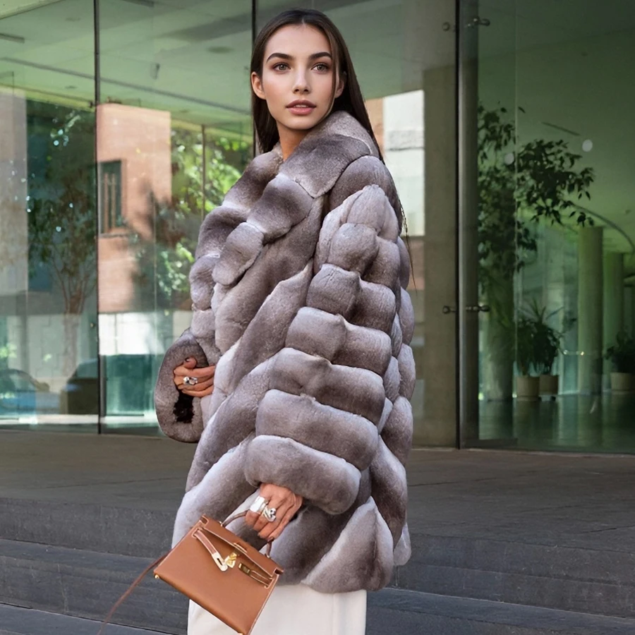 Latest Design Winter Fur Coat Women Jacket Real Rex Rabbit Fur Long Overcoat