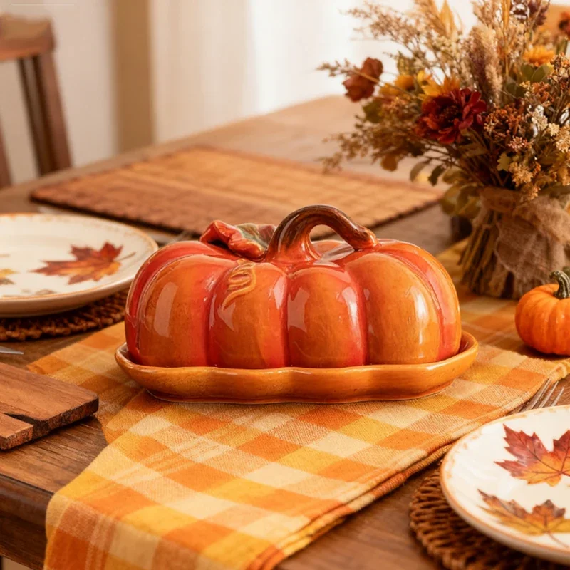 Ceramic Pumpkin-shaped Butter Plate with Lid Bread Cake Dried Fruit Candy Butter Steak Plate Halloween Decorative Tableware
