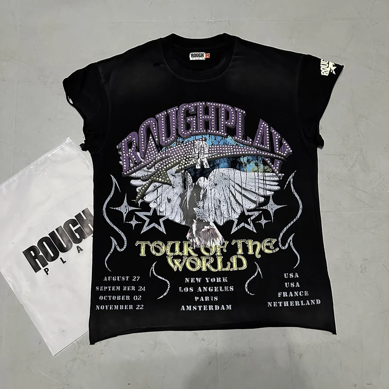 Streetwear Brand Rough Play Tops Glittering Diamonds New Short Sleeved Trend Fashion T-shirt Men Women Stock