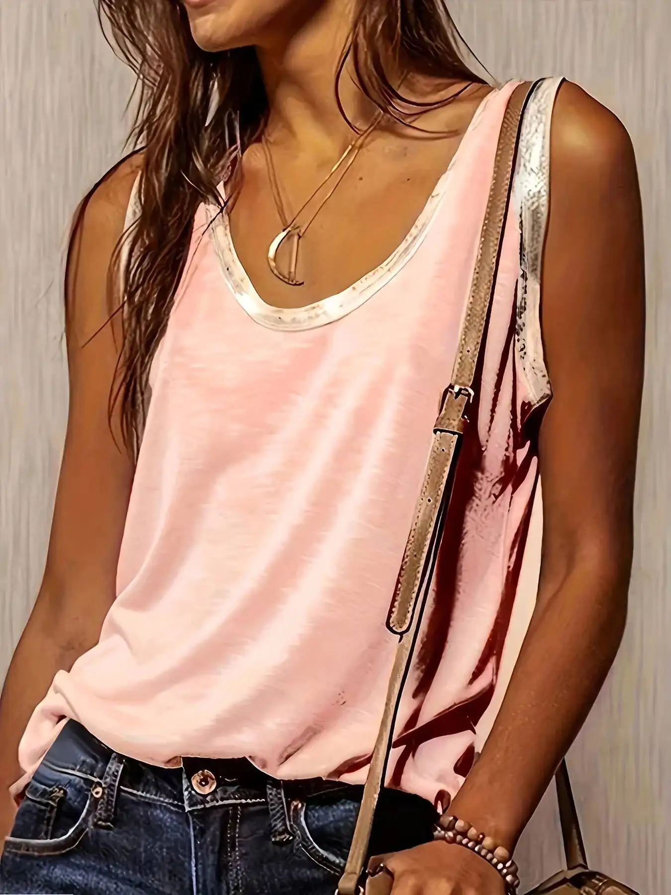 2024 New Women Tank Tops Summer Contrast Stitching O Neck Sleeveless Shirt Women's Top Elegant Clothes Summer Loose Tops