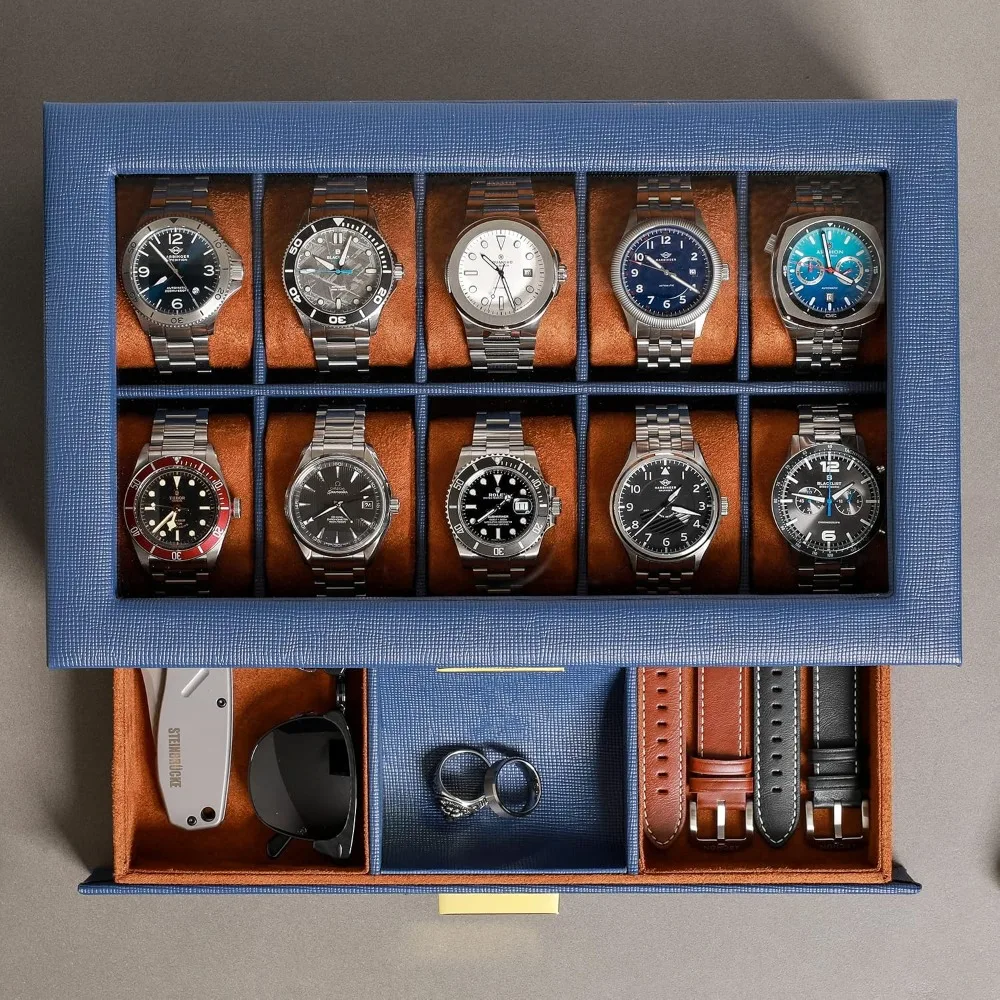 10-Slot Watch Box with Valet Drawer, Luxury Display Organizer with Glass Top, Soft Microsuede Liner for Watches Jewelry Sunglasses (Blue/Tan) view 4