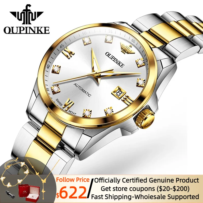 Original OUPINKE 3199 Swiss Automatic Mechanical Watch for Women Real Diamond Sapphire Mirror Ladies Watch Bracelet Set Gift NEW