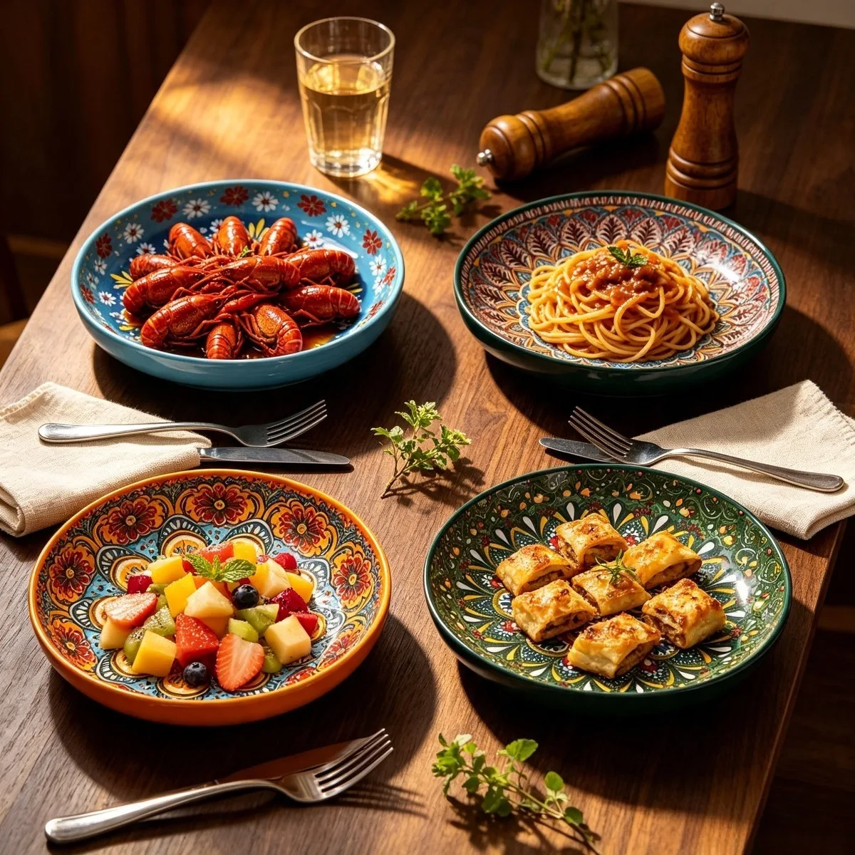 4pcs Bohemian Ceramic Dinnerware Set, 7-Inch, Versatile for Salads, Main Courses, Desserts, Microwave Safe, Everyday