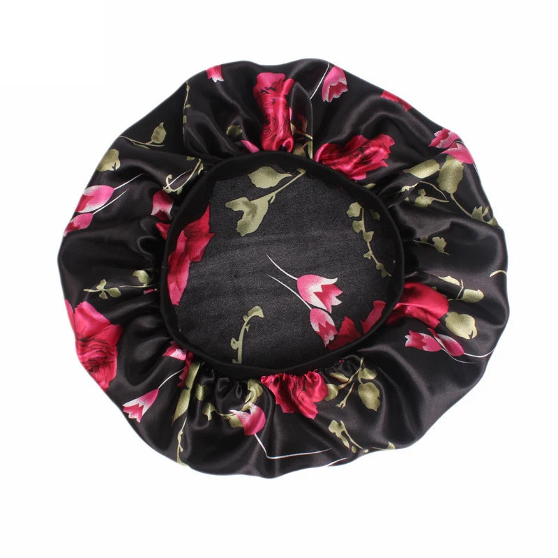 Frauen Satin Motorhaube Elastische Breite Band Blumen Druck Nacht Schlaf Hut Haarausfall Kopf Wrap Chemo Haarpflege Dusche Make-Up Kappe – Detail 2