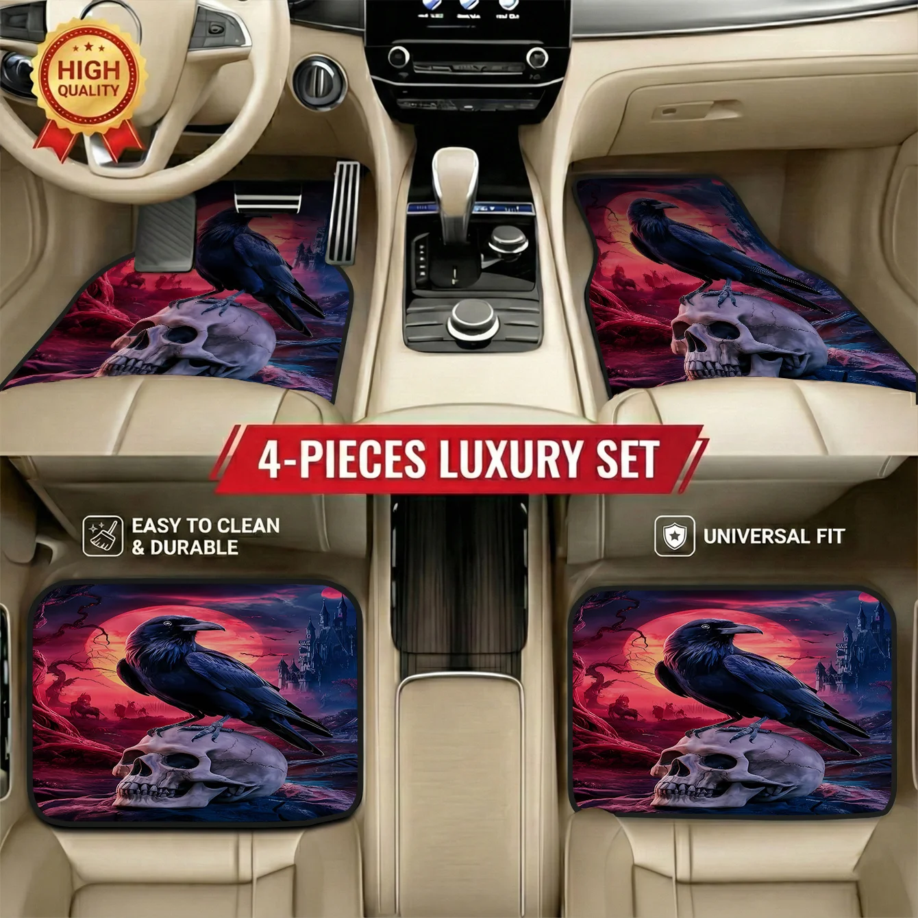 

4pcs Car Floor Mats With Raven Skull Print, Universal Fit For Most Cars, Easy To Clean, Durable Interior Protection