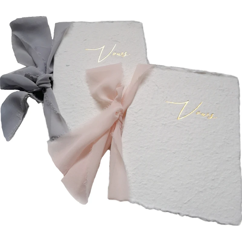 

1pc Wedding Vows Card Favors Oath Book With Satin Chiffon Ribbons Pen Pink Bride And Groom Romantic Love Party Rustic Marriage