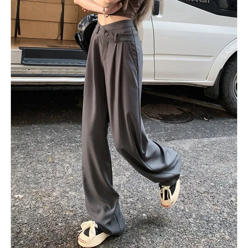 Women Daily Commute Solid Color Suit Pants Lady Baggy Wide Leg Straight Leg Trousers Female Designer High Waisted Draping Slacks