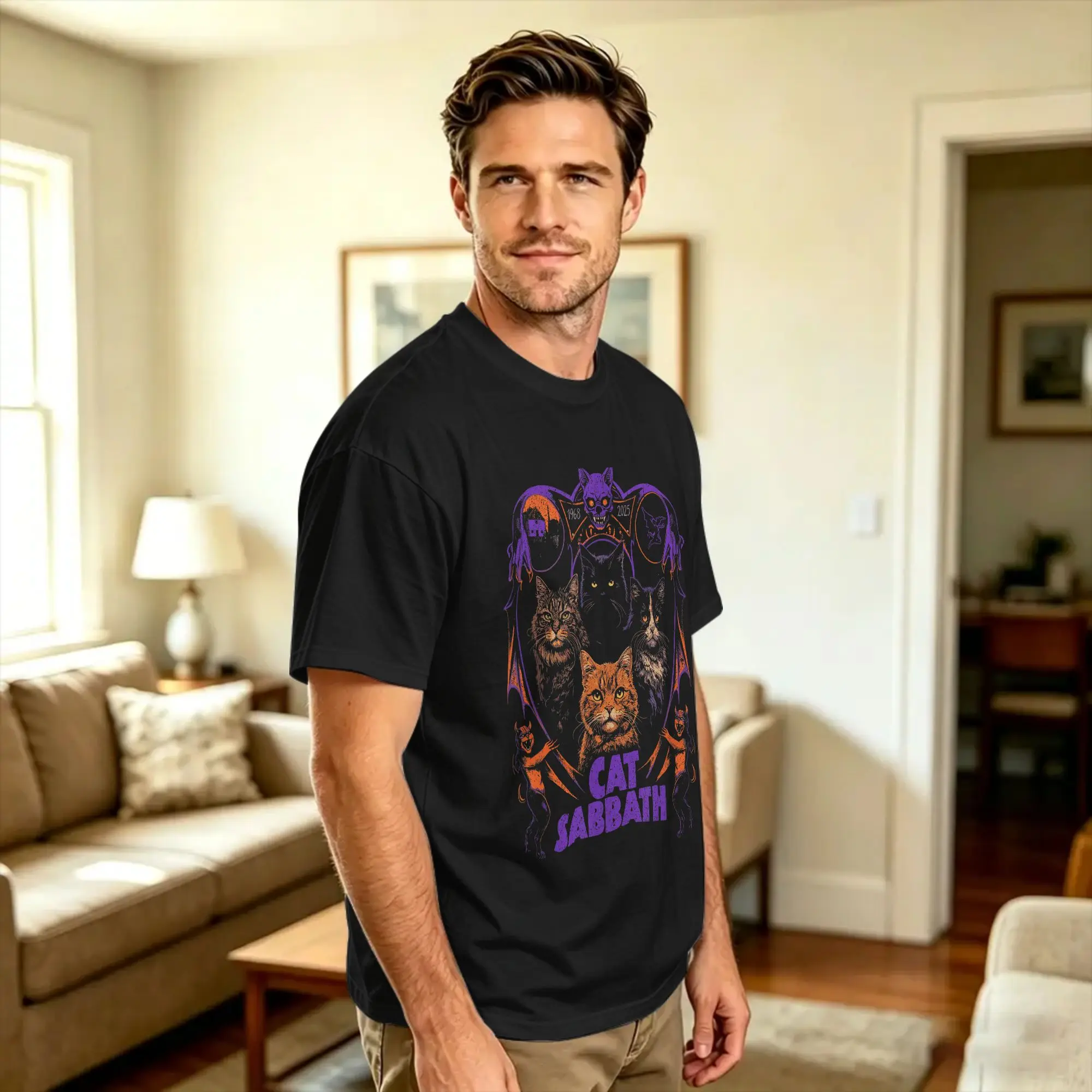Cat Sabbath Feline T Shirt Men  Y2K Basic T Shirts Summer Comfortable Hippie Tees Custom DIY Oversized Clothing
