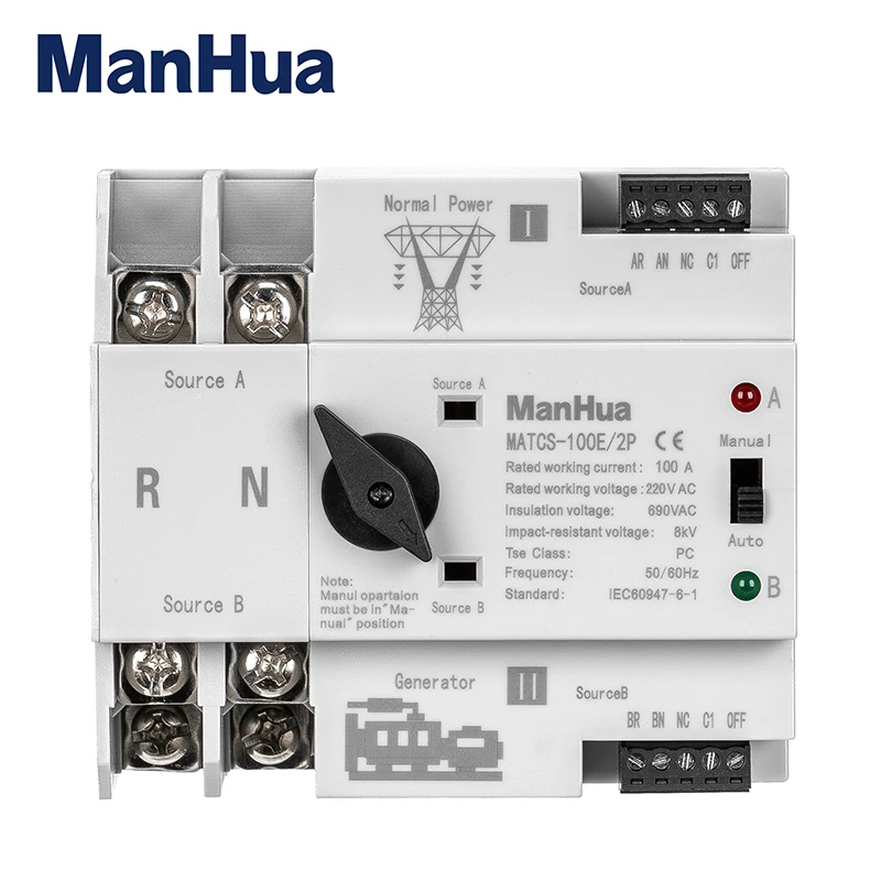 

ManHua MATCS-100E/2P 100A 220VAC ATS Dual Power Автоматический резервный переключатель Переключатель типа ПК Монтаж на DIN-рейку Черная ручка