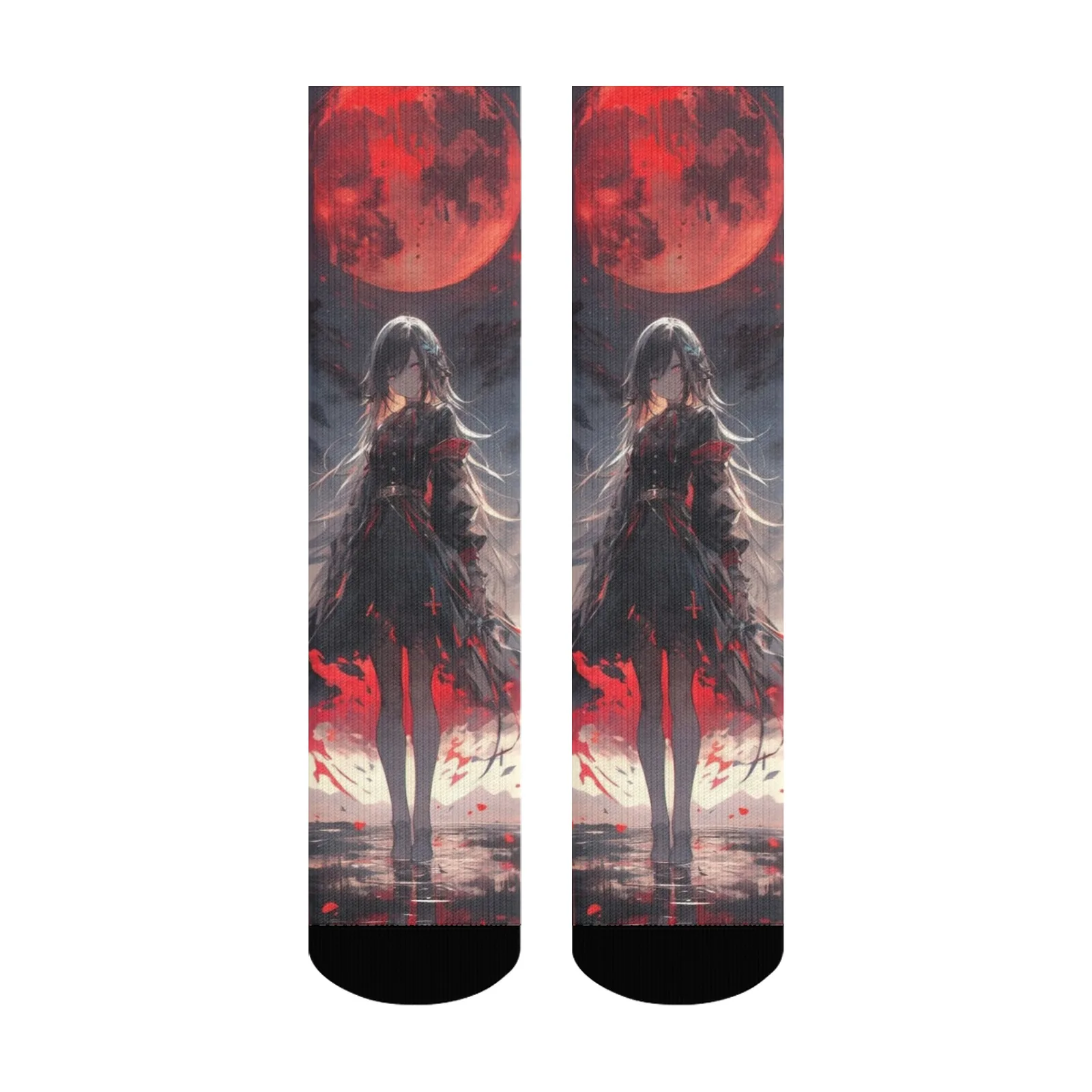 

Customizable Anime Style Mid - Calf Socks with Mysterious Girl Print & Red Moon Background - High - Quality & Unique Design