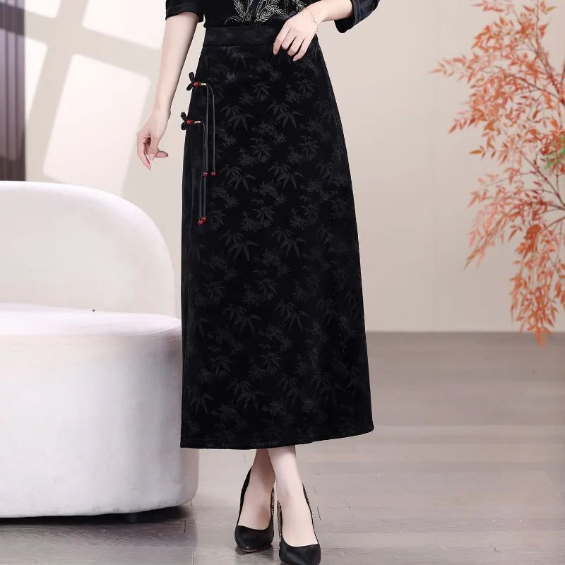 Women Velvet Midi Skirt Elastic Waist Bamboo Floral Jacquard A Line Skirt With Frog Buttons