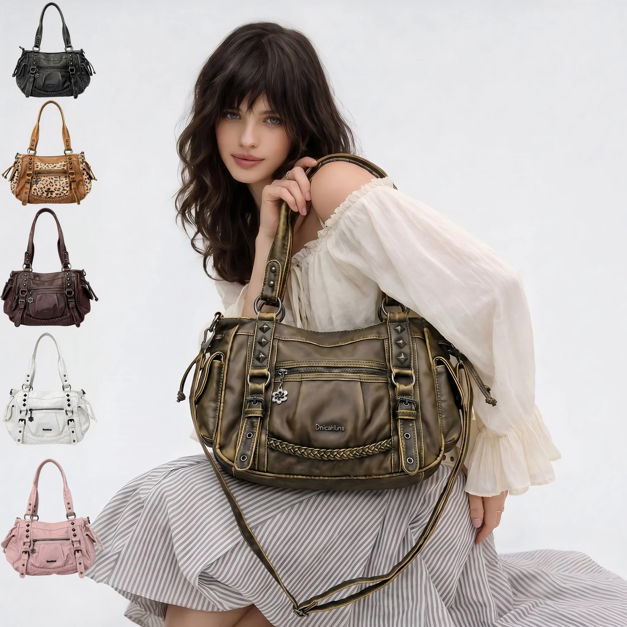 Vintage street girl Y2K motorcycle tote bag with multiple pockets and personalized crossbody shoulder bag