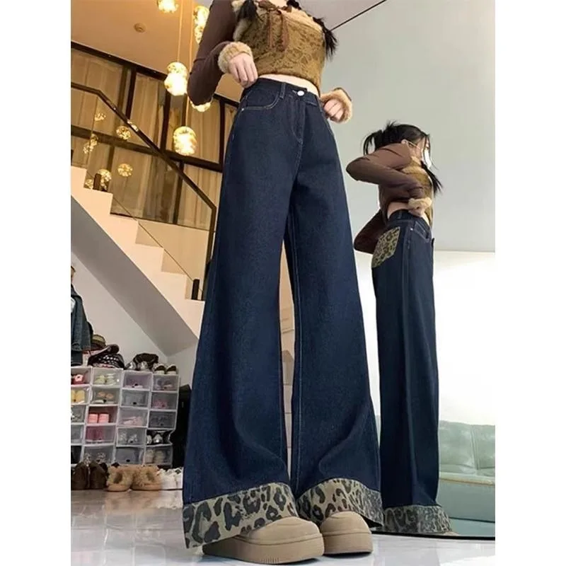 

Женские свернутые джинсы больших размеров в стиле ретро с леопардовым принтом, новый весенний стиль, прямые свободные широкие брюки, мода для полных девочек