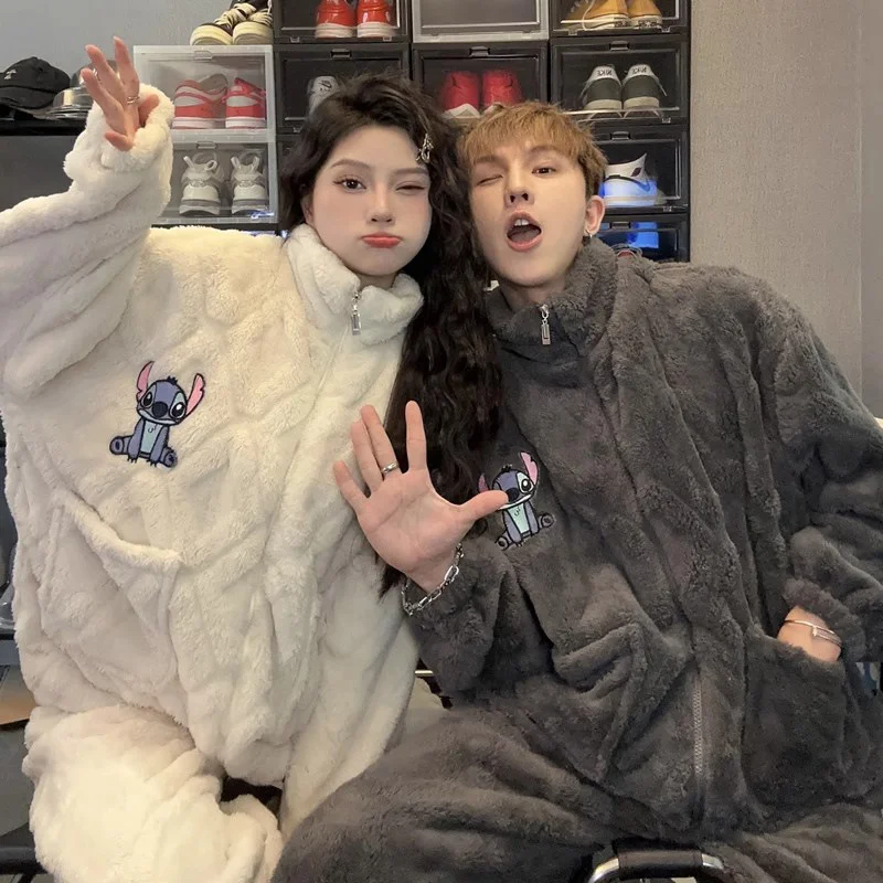 Cartoon Disney couple pajamas winter warm couple suit crew neck plush two-piece set Disney loungewear Stitch women's pajamas