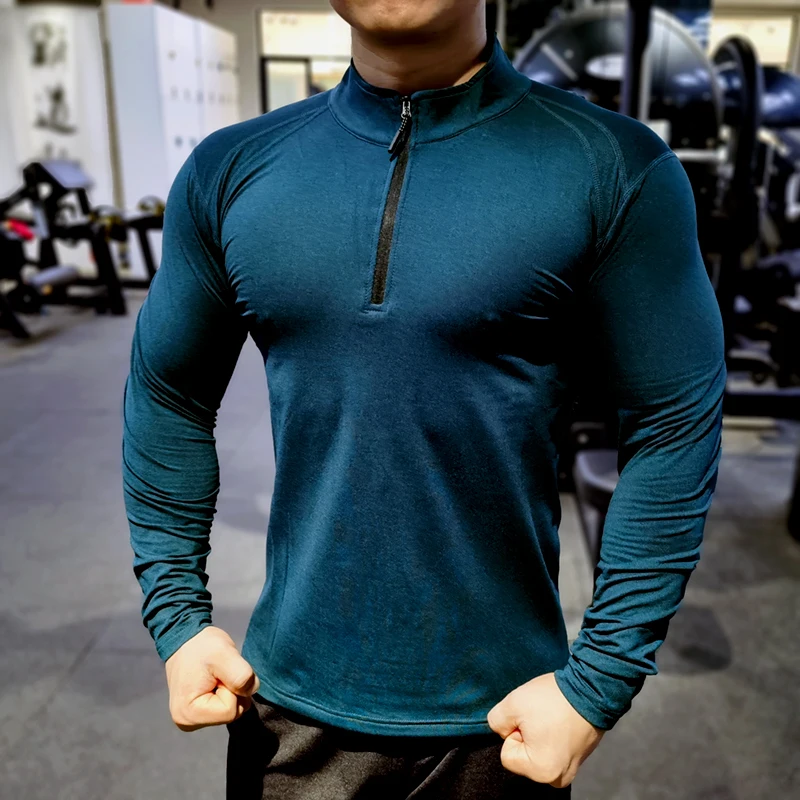 Autumn Winter Velvet Quick Dry Running Shirt Men Bodybuilding Sport T-shirt Long Sleeve Gym Fitness Tight Elastic Zipper Shirts