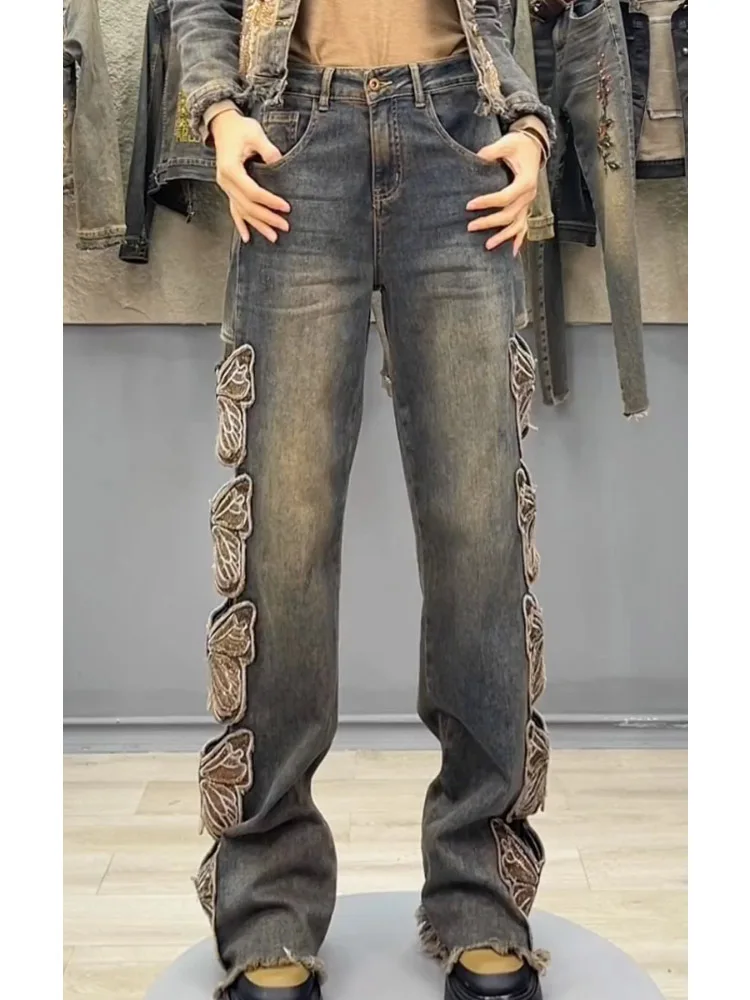 

Retro High Waist Embroidered Denim Jeans Women's Loose Floor-Length Hollow Wide Leg Pants Spring Summer New Arrival