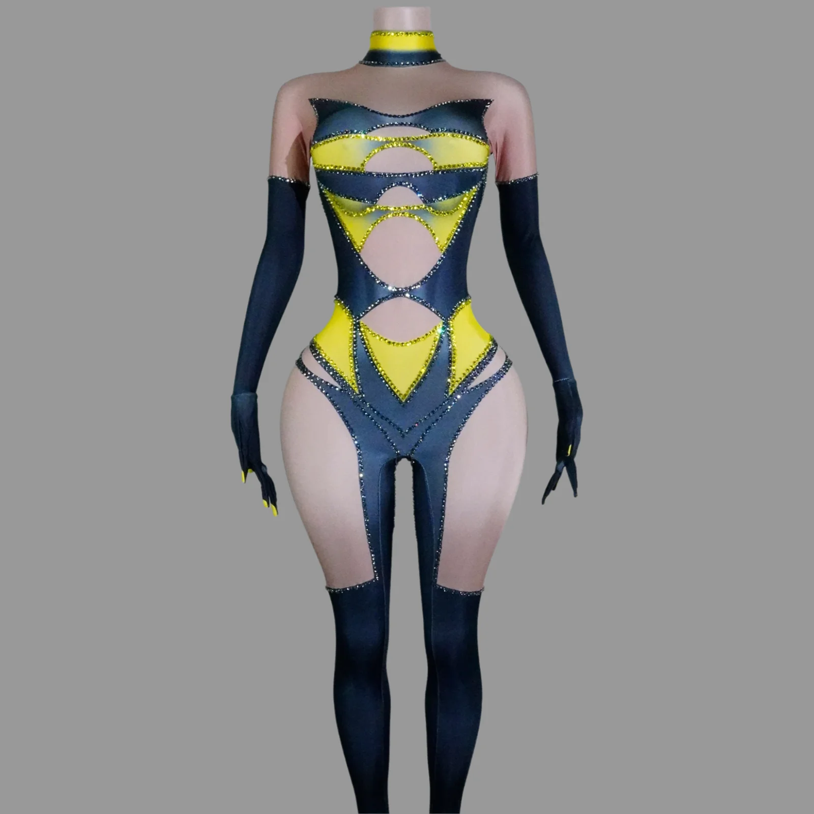 مثير سباركلي الراين بسط نحيل بذلة مع قفازات لملهى ليلي حفلة راقصة أداء المرحلة ارتداء GOGO الزي