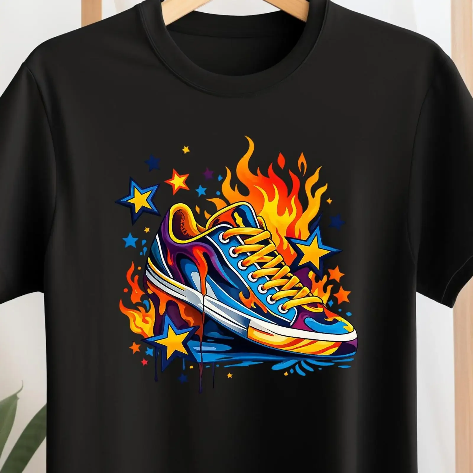 Flaming Sneaker T Shirt Neon Graffiti Shoe Urban Streetwear  vintage Washed Soft Casual Breathable Stylish Versatile Slightly