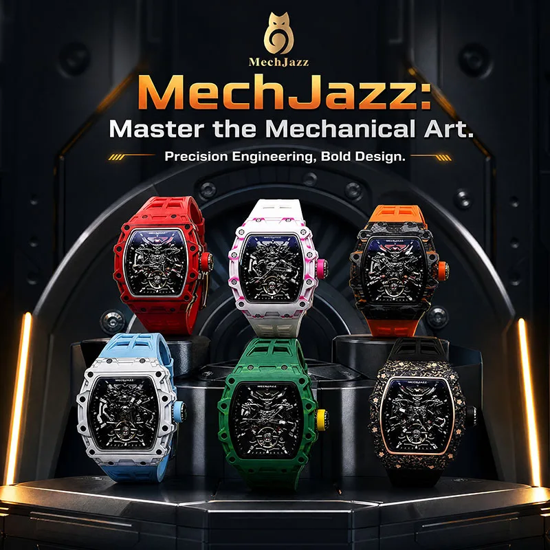 Luxury Skeleton Mechanical Watch for Men, Square Carbon Steel Case, Sapphire Crystal, Silicone Band, Automatic Sport Wristwatch