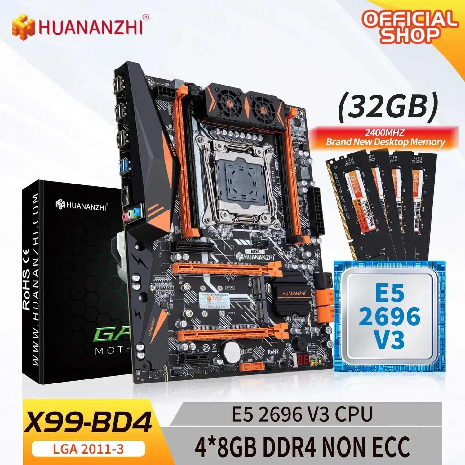 HUANANZHI BD4 LGA 2011-3 Motherboard with Intel XEON E5 2696 v3 with 4*8G DDR4 NON-ECC memory combo kit set NVME NGFF SATA USB