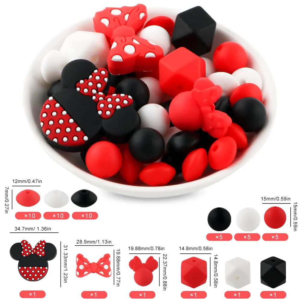 Kovict Silicone Focal Beads Mouse Bow Round Lentil Loose Beads Set For Jewelry Making DIY Bracelet Keychain Necklace Accessorie