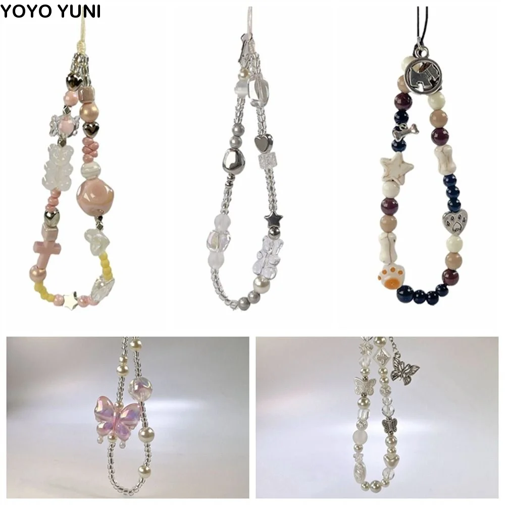 

Y2K Silver Cell Phone Strap Clear Star Hanging Cord Phone Lanyard Sweet Girl Anti-Lost Beads Phone Chain Telephone Decor