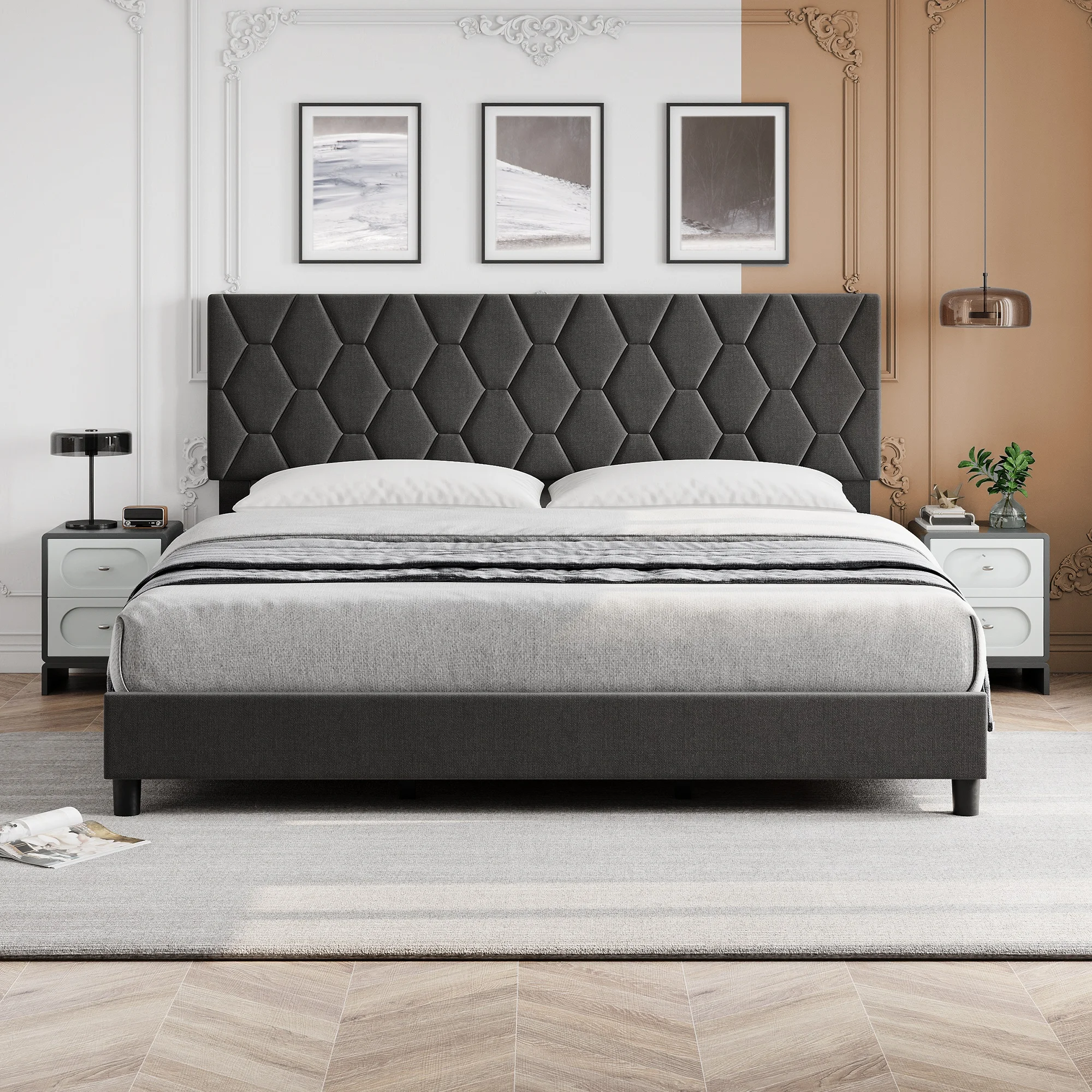 GarveeLife Upholstered Platform Bed Frame with Adjustable Fabric Headboard - Heavy-Duty Wood Slat Support, Noise-Free Non-Slip, No Box Spring Needed, Easy Assembly - Beige/Pink, Twin/Queen/King
