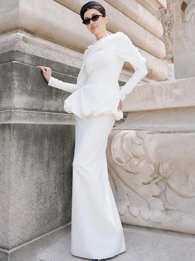 

Sisterlinda, однотонный модный комплект из 2 предметов, женский складной костюм на молнии с длинными рукавами и круглым вырезом, пышный подол, топы + простые юбки, элегантный банкетный костюм