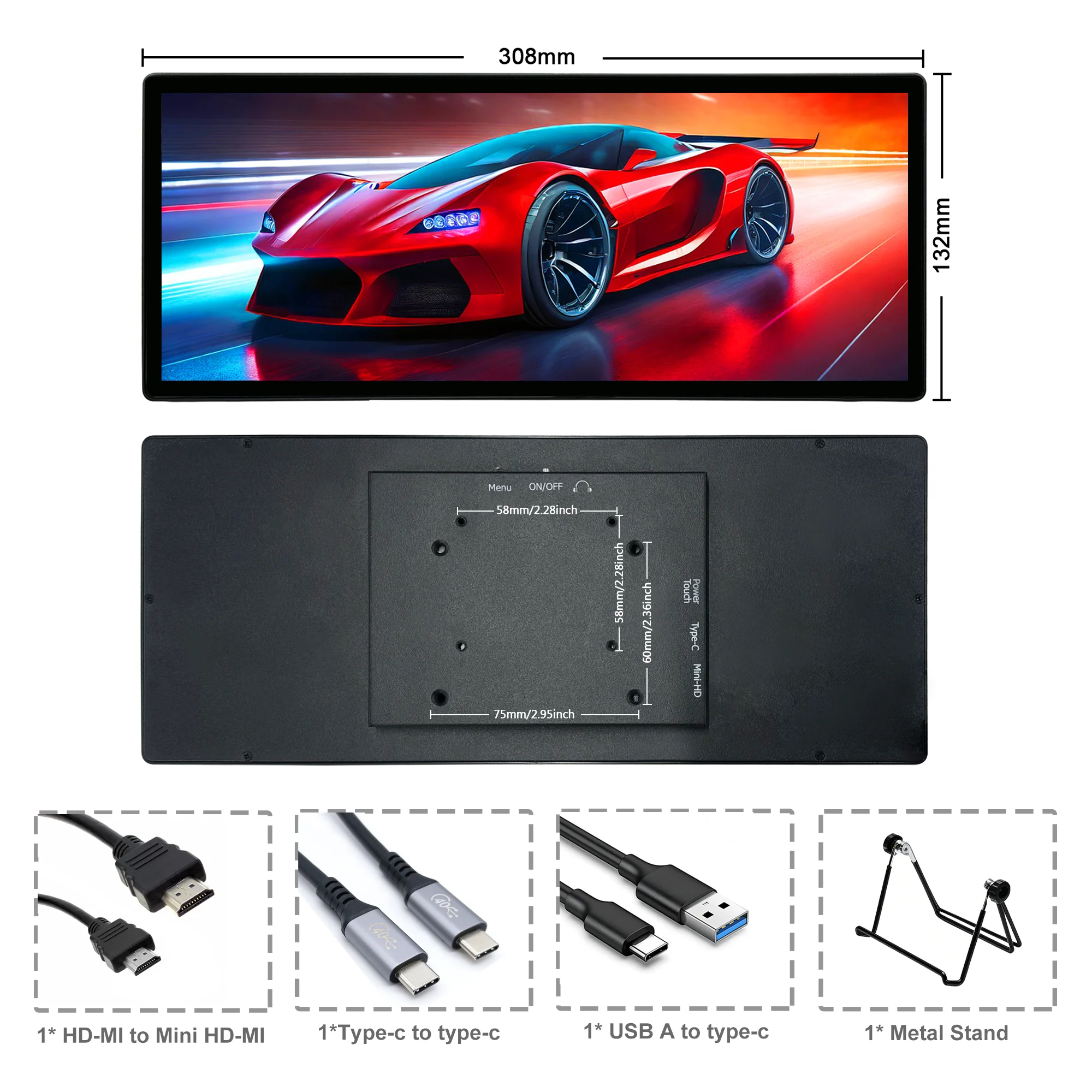 Wisecoco12.3/14.5\'\' 2560x720 Stretched Bar Screen Pc monitor HDMI Touch Portable Gaming Monitor for PC Laptop Raspberry Pi 5/4/3