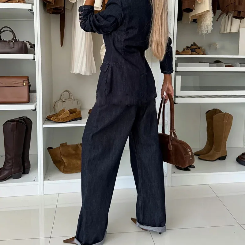 Women's Casual Long Sleeve Solid 2Pc Sets Elegant Commuting Cowboy Blazer Outfits Fashion Lapel Button Coats & Long Pant Suits