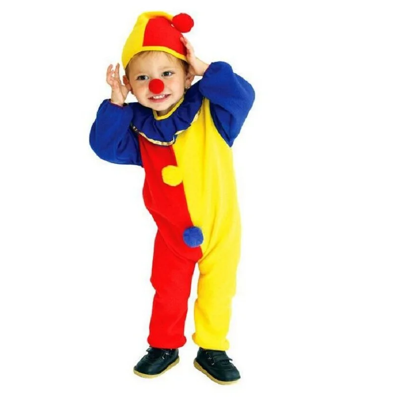 Boy Halloween Buffoon Costumes Children Clown Cosplay Costumes Baby Circus Jumpsuits Kids Christmas Day New Year Rompers Hat