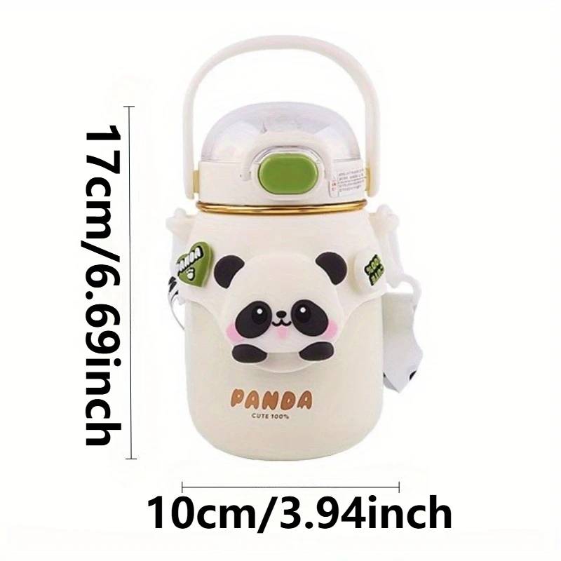 Insulated Stainless Steel Straw Water Bottle Cup Cute Panda Drinking Bottle with Adjustable Strap Handle for Gym Hiking School