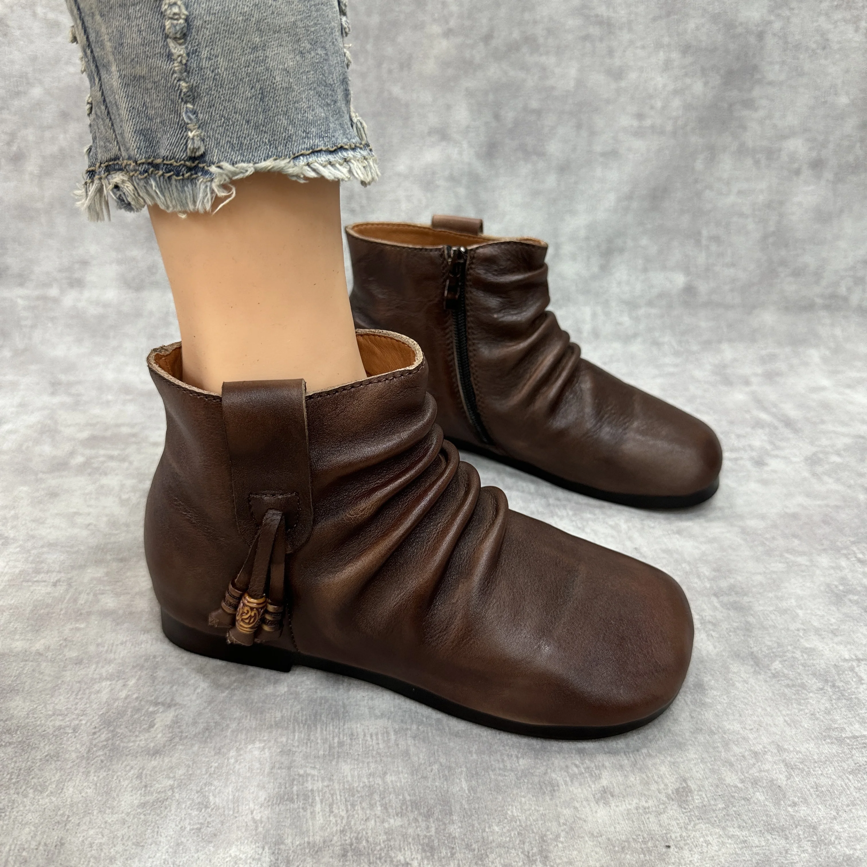 Birkuir ريترو كبير رئيس مطوي حذاء من الجلد للنساء شرابة سحابات كعب منخفض أحذية بوت قصيرة فاخرة جلد طبيعي الديكور الأحذية #3