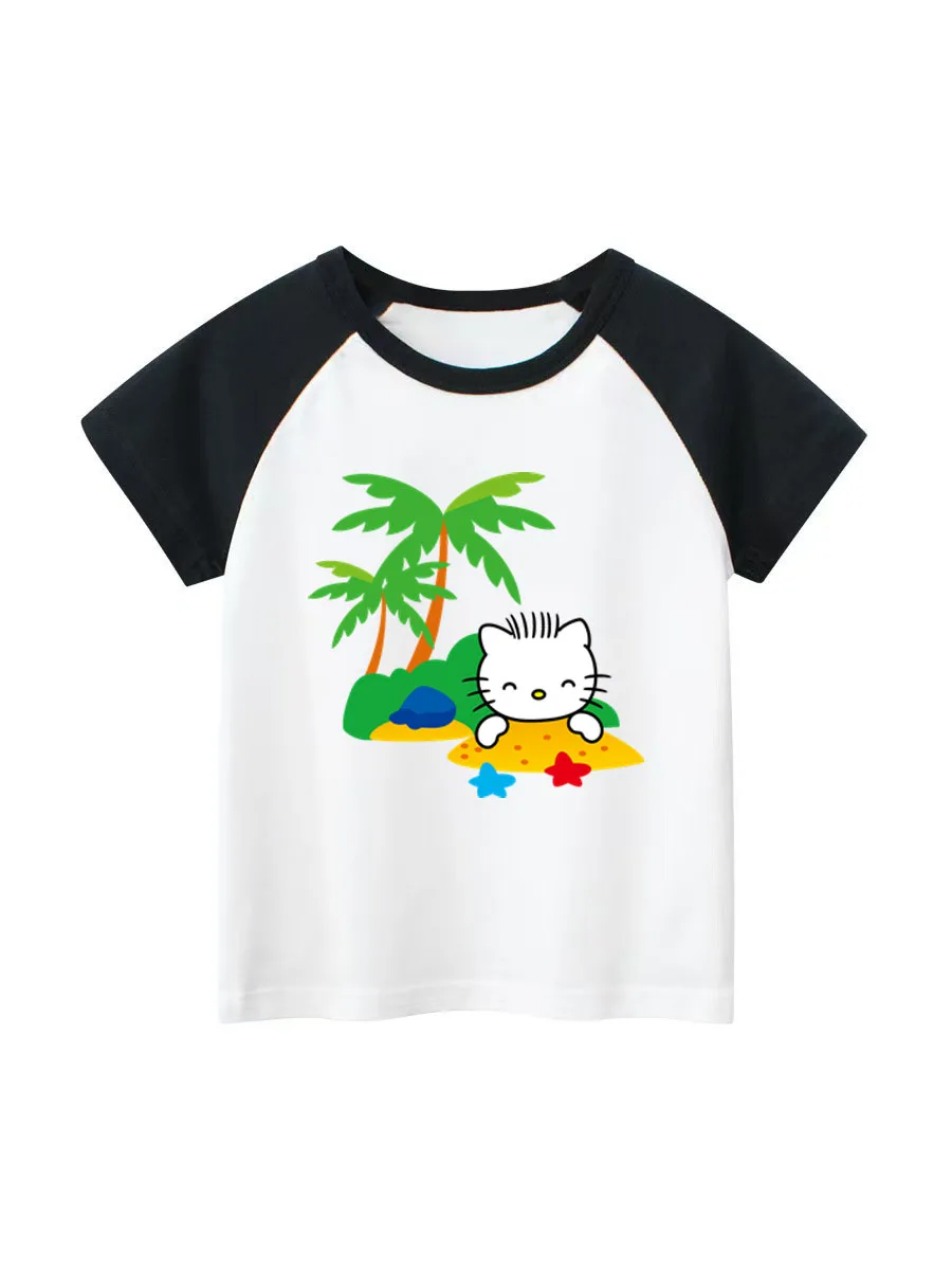 

Sanrio T-shirt Hello Kitty Cat Printed Children Clothing Shirts Cotton Girls Toddler Round Neck Outdoor Wear Hello Kitty Clothes